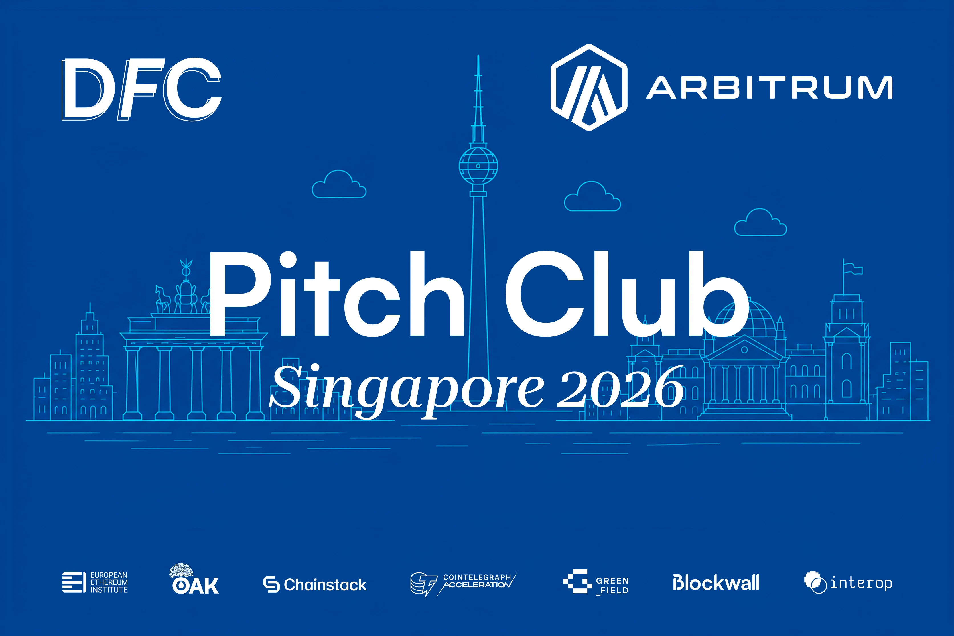Pitch Club: co-host blue ground, skyline line art in a lighter blue, DFC and Arbitrum sharing the top row