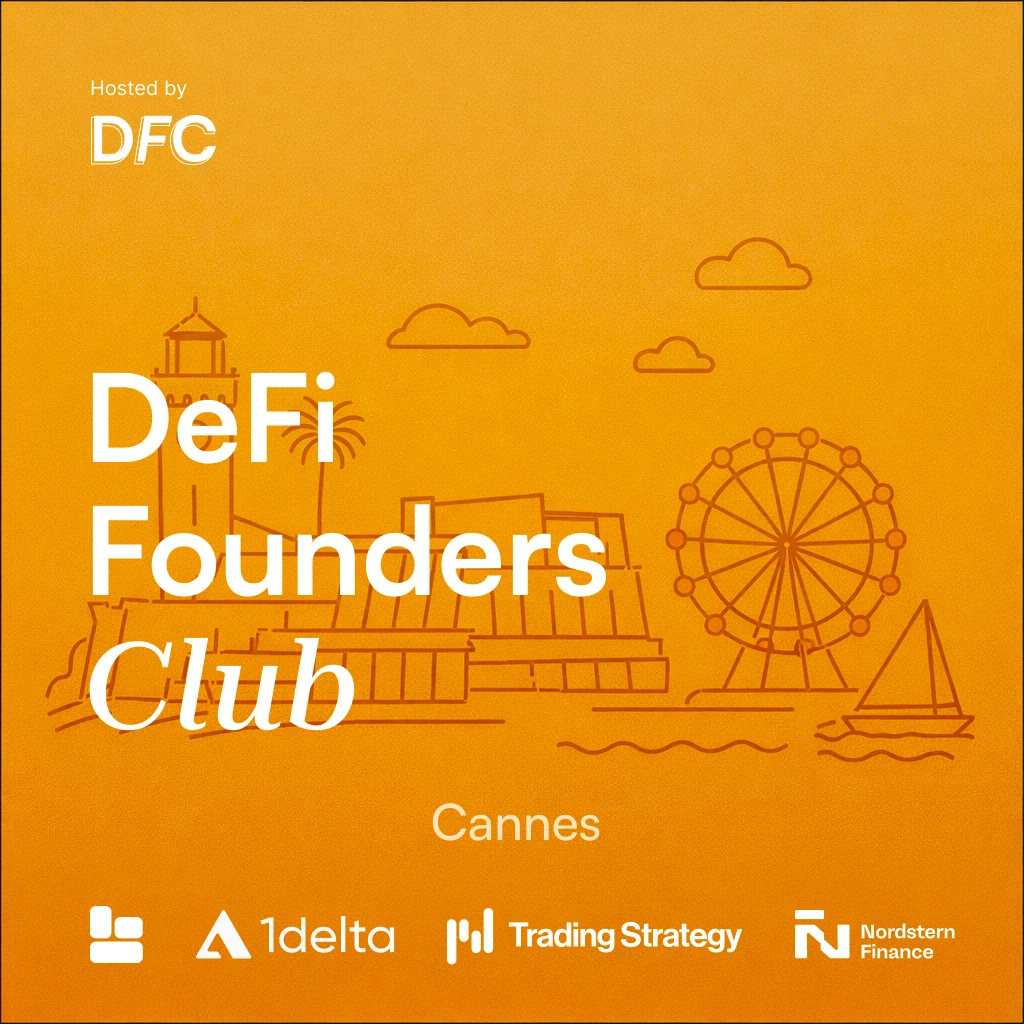 DeFi Founders Club, Cannes: amber ground, amber line-art skyline, Hosted by DFC