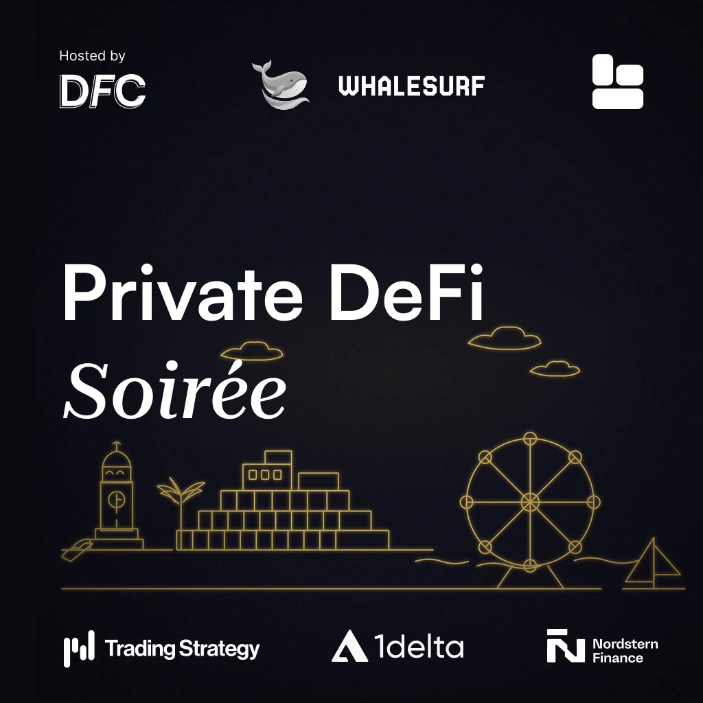 Private DeFi Soiree: ink ground, amber line-art skyline, Hosted by DFC with two co-hosts